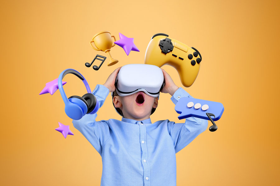 Un enfant portant un casque de réalité virtuelle, bouche ouverte en signe d'émerveillement. Autour de lui flottent des icônes de jeux vidéo, écouteurs, notes de musique et étoiles, sur un fond orange.